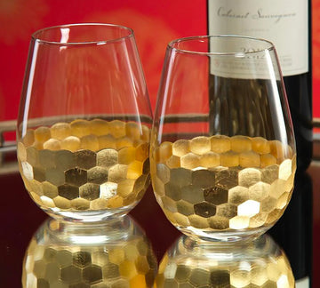 Fez Cut Stemless Wine Glass with Gold Leaf